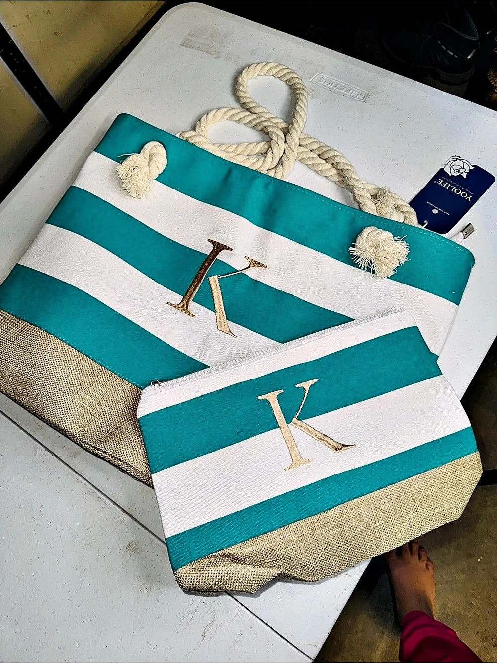 KOOLE Striped Tote Bag with Matching Pouch in Blue & White NWT with zipper pouch